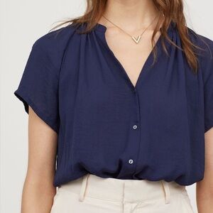 H&M Navy Button-Down Cap Sleeve Sheer Blouse